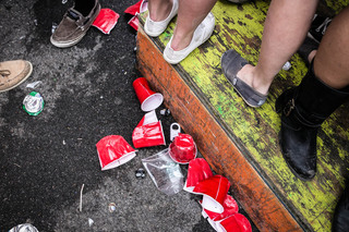Red Solo Cups fall to the concrete at Castle Court.